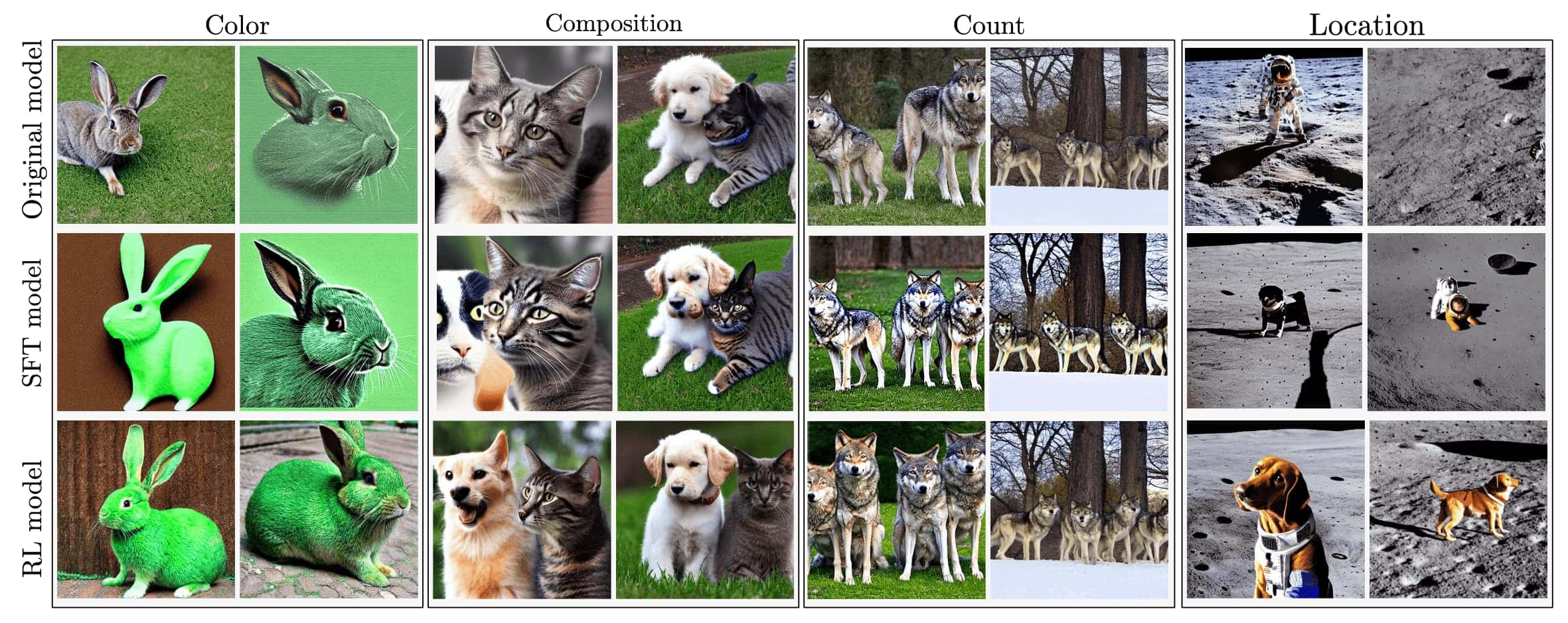 Comparison of images generated by the original Stable Diffusion model, supervised fine-tuned (SFT) model, and RL fine-tuned model